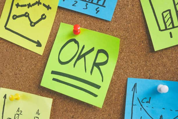OKR Objectives and Key Results word pinned to a desk.
